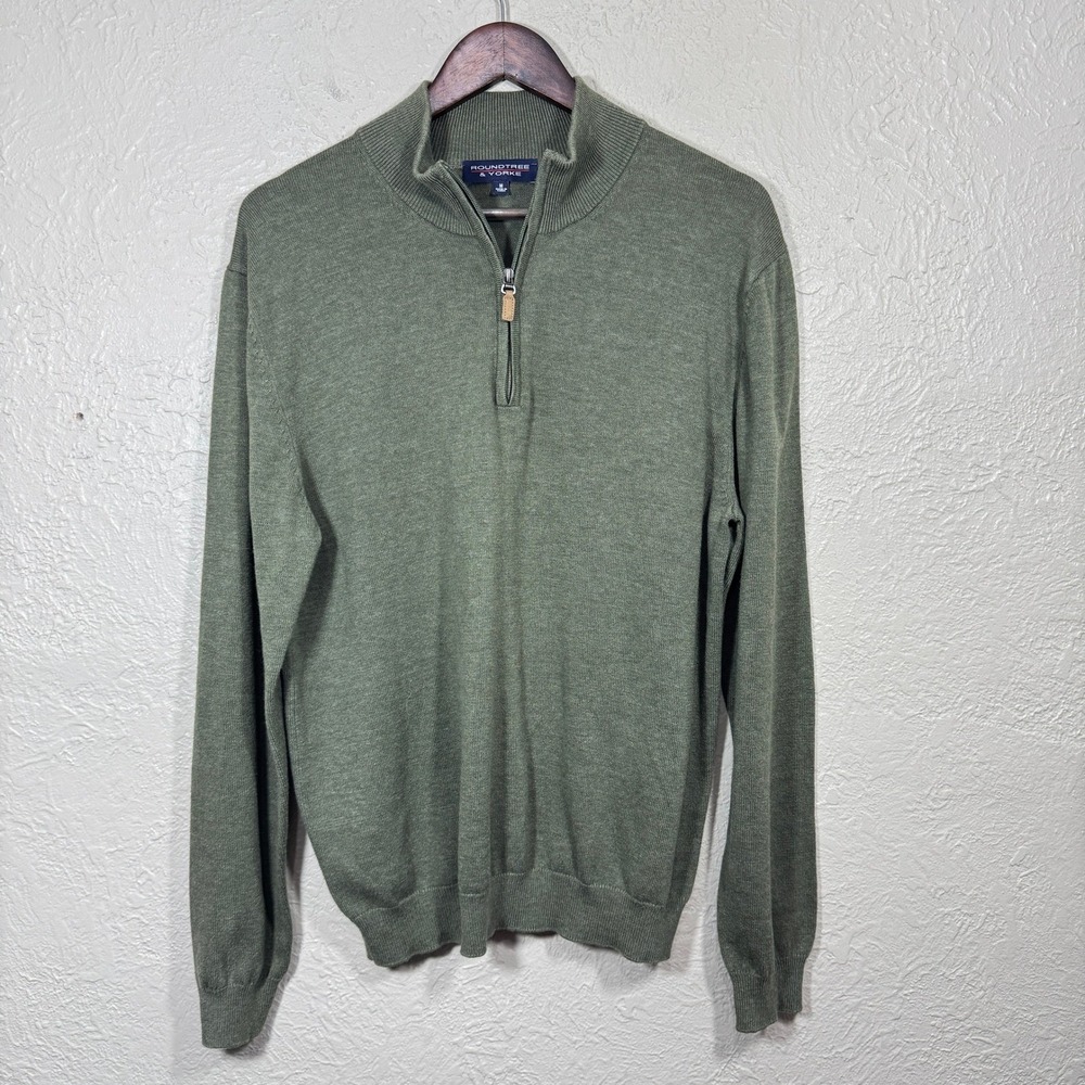 Vtg 90s Mens Quarter Zip Pullover Sweater M Cotton Olive Gr Minimalist Old Money